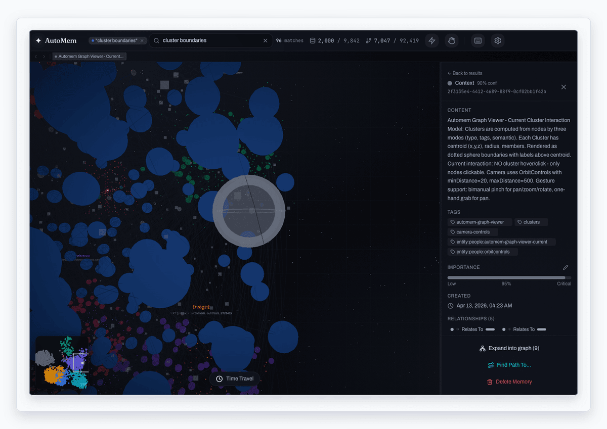 Selected memory inspector with tags, metadata, relationships, and expand-into-graph controls