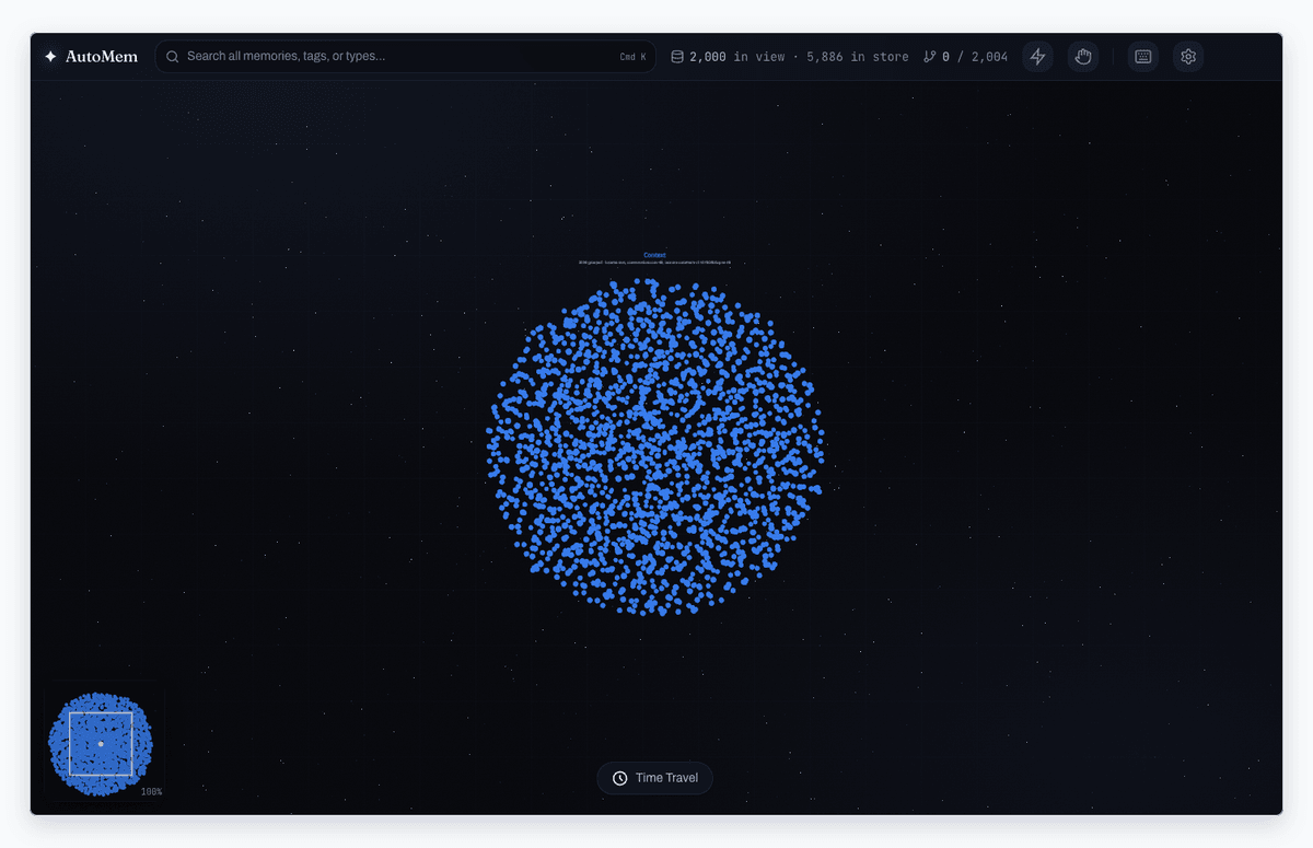 AutoMem Graph Viewer overview with 3D memory graph, search bar, stats, minimap, and timeline controls